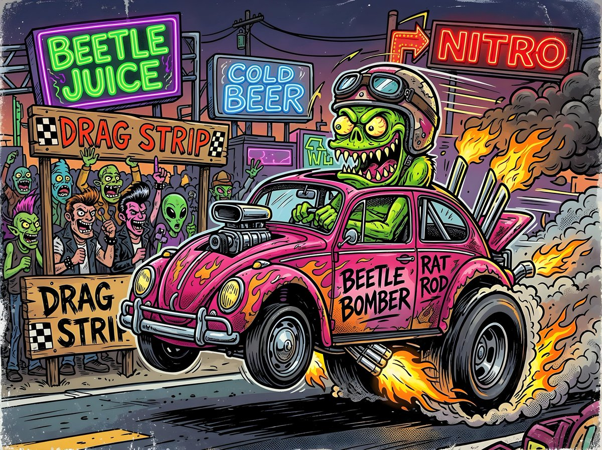 Flux 3 (flux-3.com) prompt example: Cartoon Monster Rat Rod Drag Race