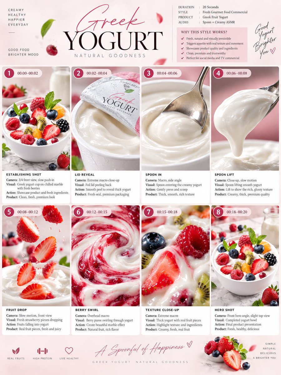Flux 3 (flux-3.com) prompt example: Greek Yogurt Commercial Storyboard