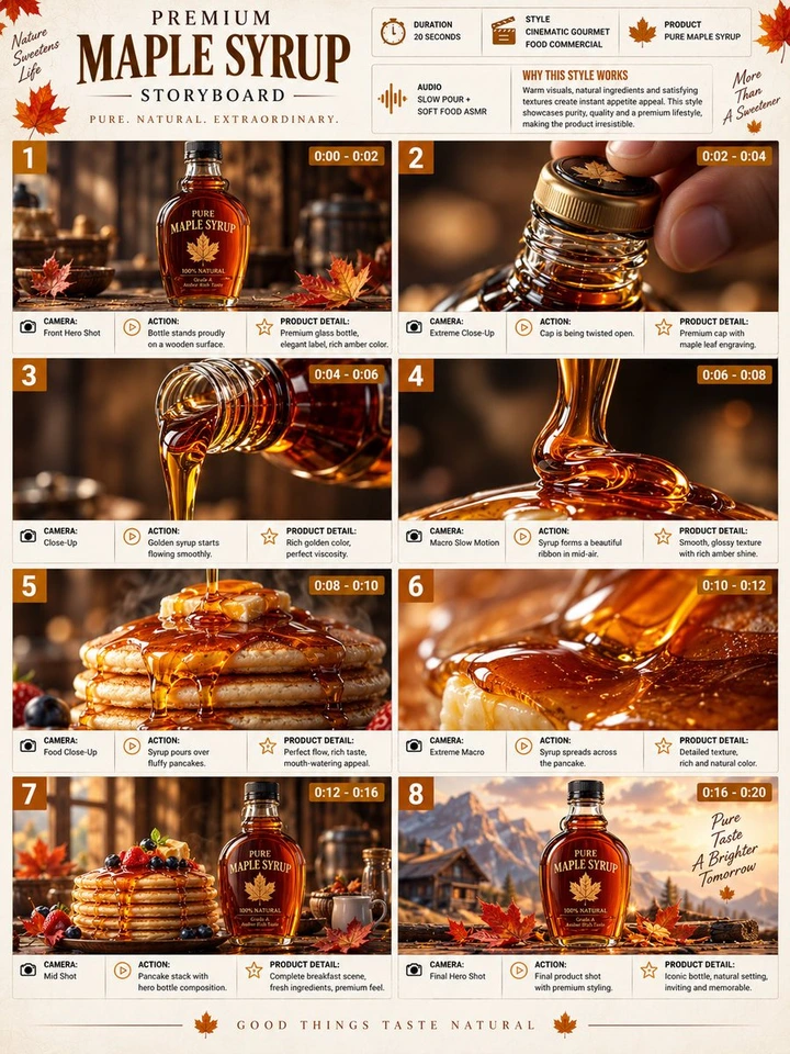 Flux 3 (flux-3.com) prompt example: Maple Syrup Commercial Storyboard