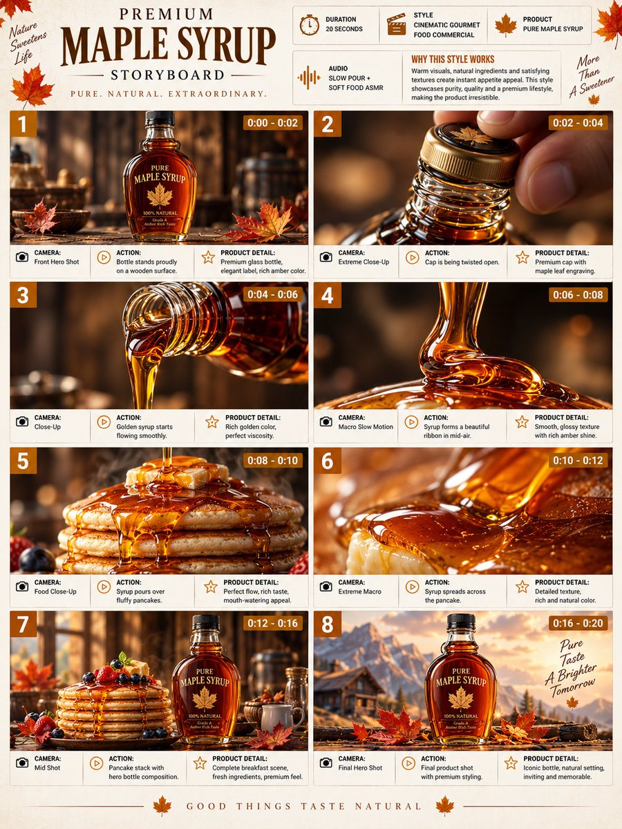 Flux 3 (flux-3.com) prompt example: Maple Syrup Commercial Storyboard