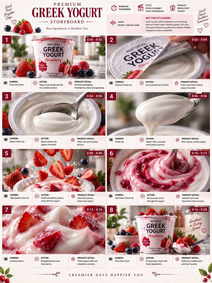 Flux 3 (flux-3.com) prompt example: Premium Yogurt Commercial Storyboard