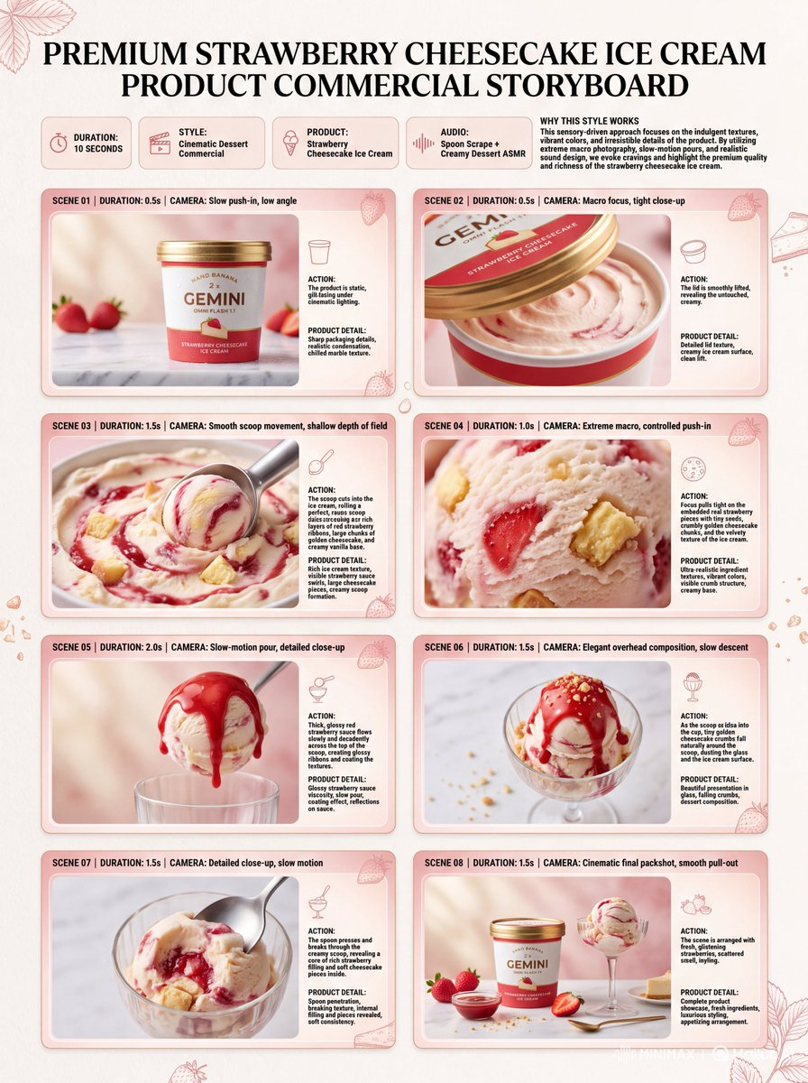 Flux 3 (flux-3.com) prompt example: Strawberry Cheesecake Ice Cream Storyboard