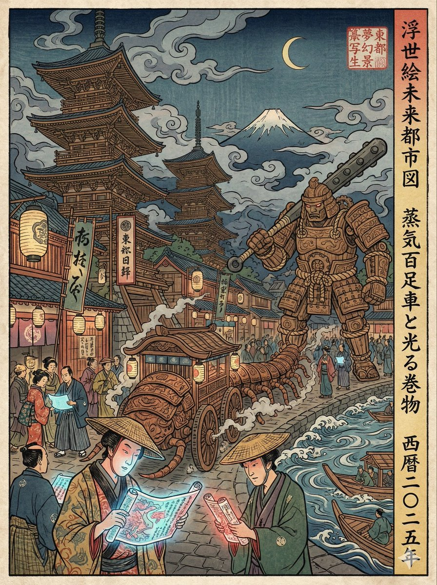Flux 3 (flux-3.com) prompt example: Edo-period Ukiyo-e reinterpretation of a modern scene
