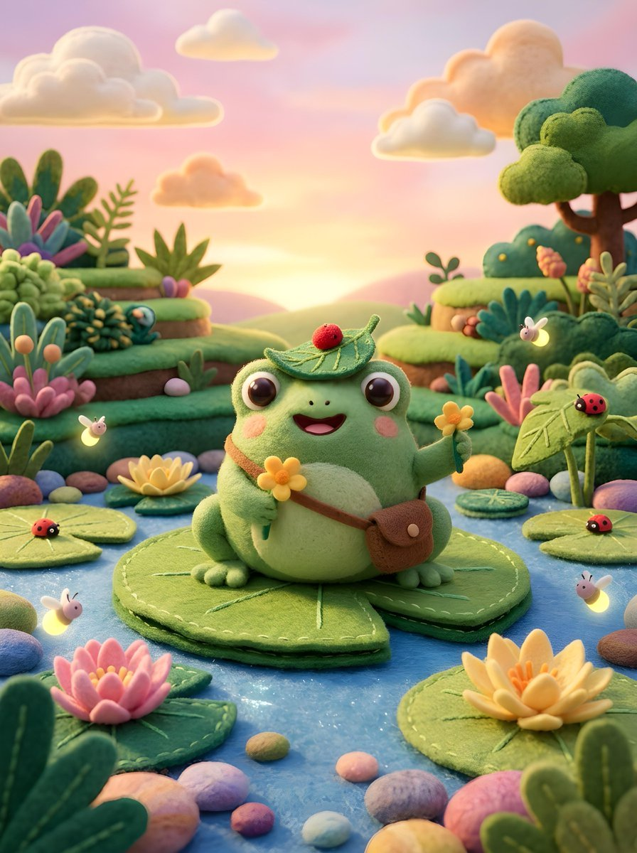 Flux 3 (flux-3.com) prompt example: Cute Felt Frog Scene