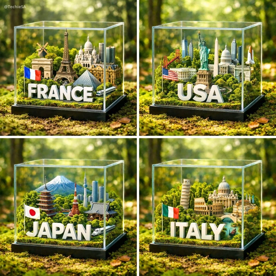Flux 3 (flux-3.com) prompt example: Glass-cube country diorama