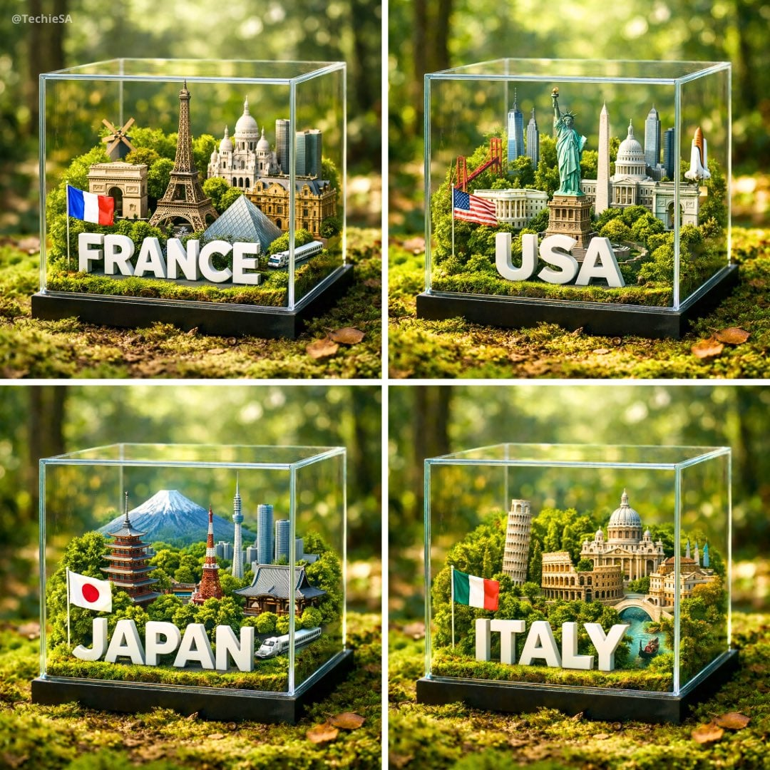 Flux 3 (flux-3.com) prompt example: Glass-cube country diorama
