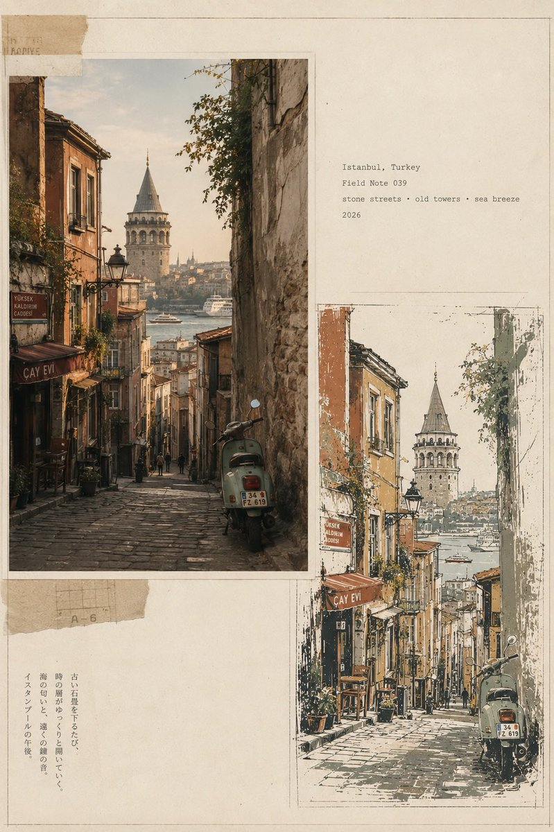 Flux 3 (flux-3.com) prompt example: Vintage Travel Journal Editorial Collage