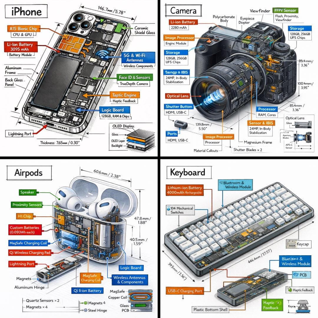 Flux 3 (flux-3.com) prompt example: Isometric product teardown