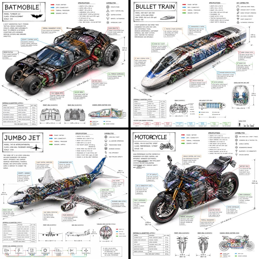 Flux 3 (flux-3.com) prompt example: Isometric vehicle teardown