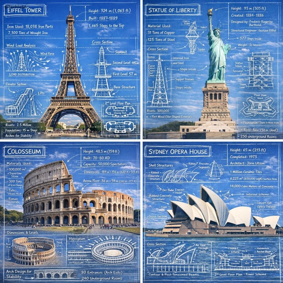 Flux 3 (flux-3.com) prompt example: Landmark blueprint overlay