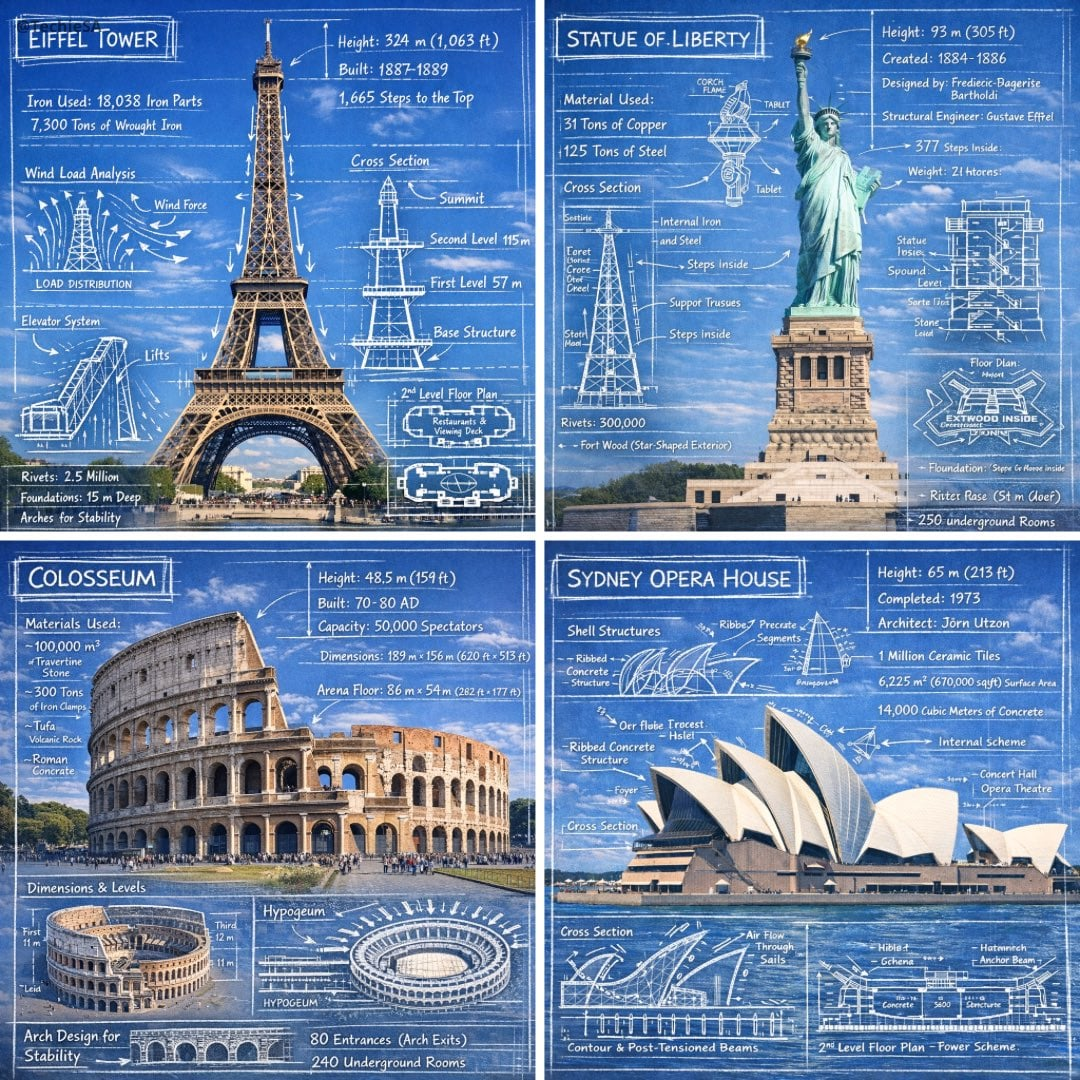Flux 3 (flux-3.com) prompt example: Landmark blueprint overlay