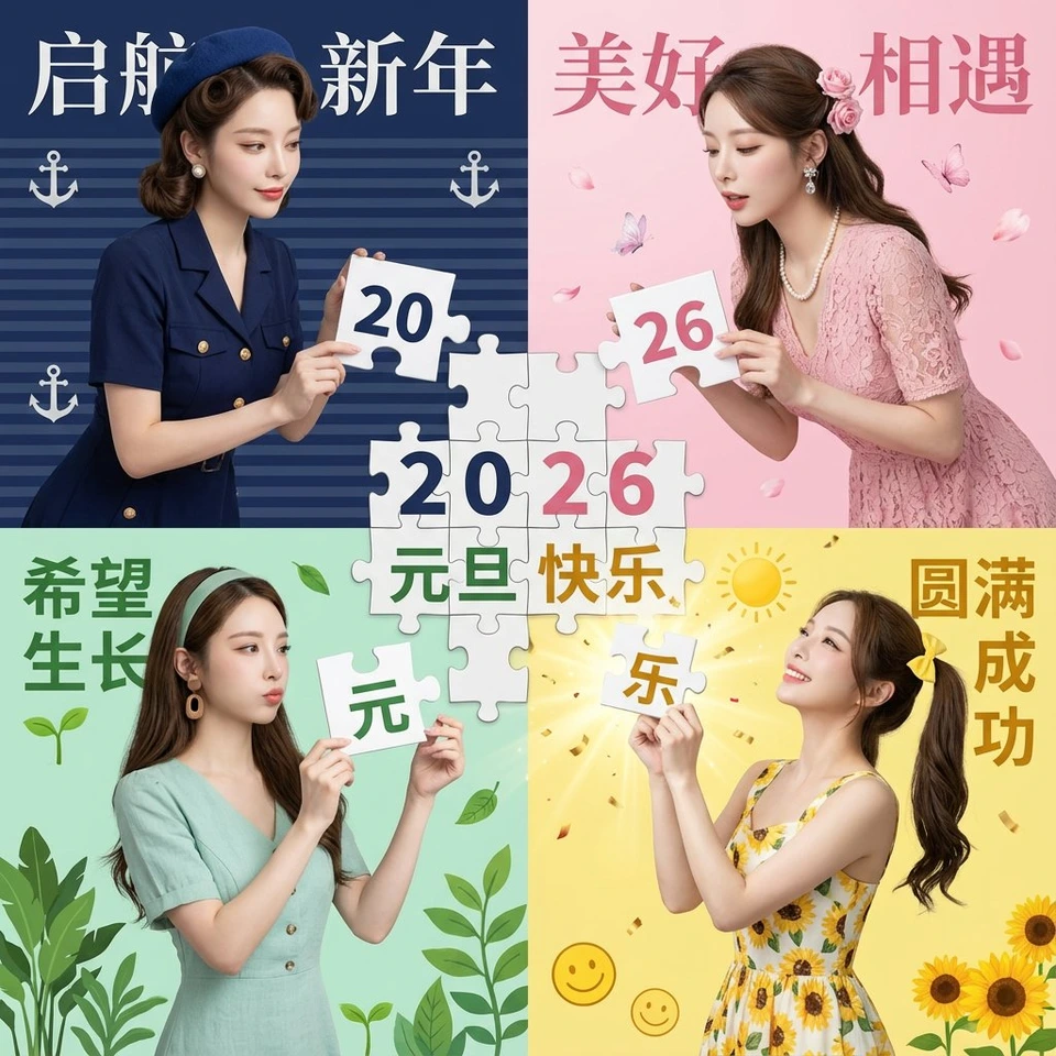Flux 3 (flux-3.com) prompt example: New Year's Day Special: Four-Panel Puzzle for 2026 Blessing