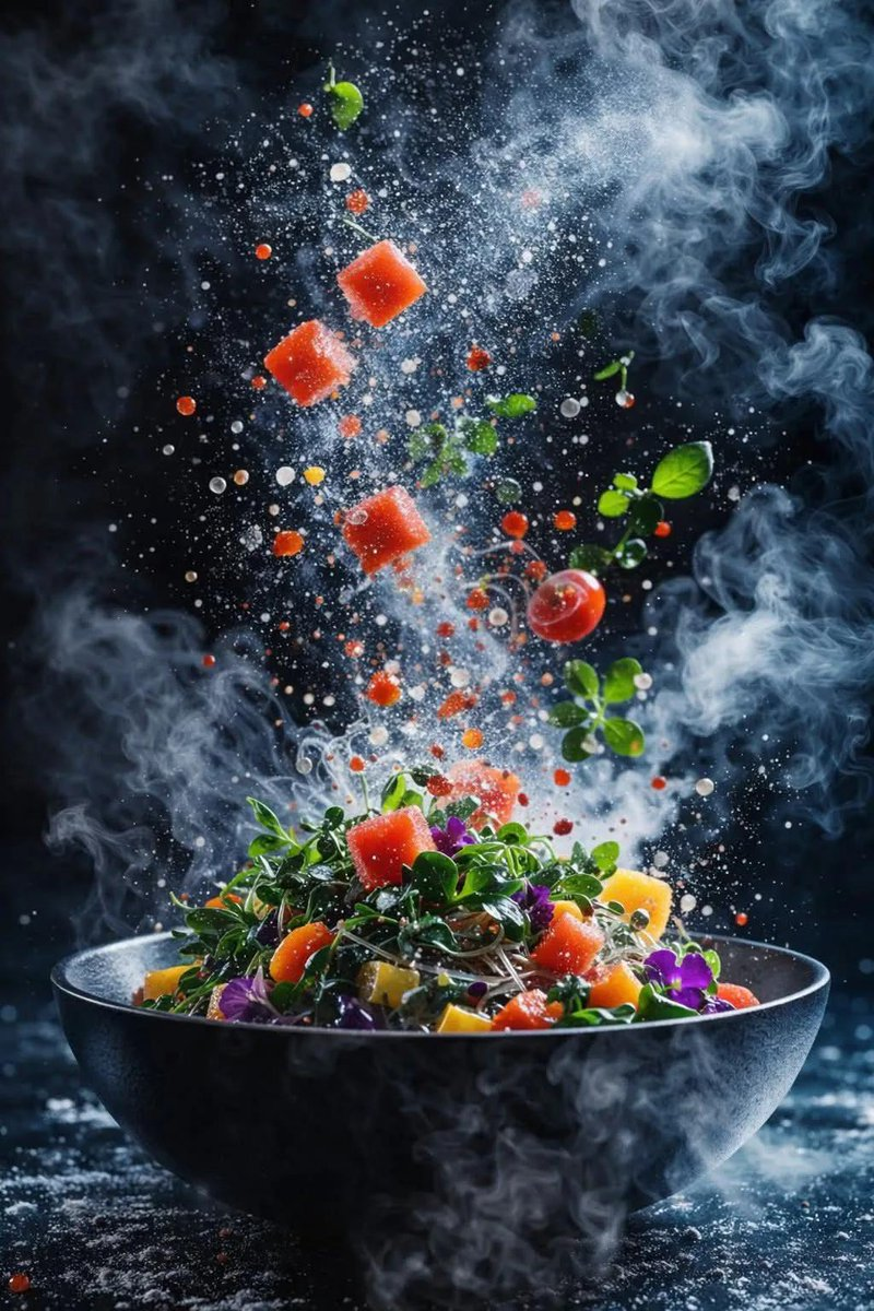 Flux 3 (flux-3.com) prompt example: Suspended food ingredient study