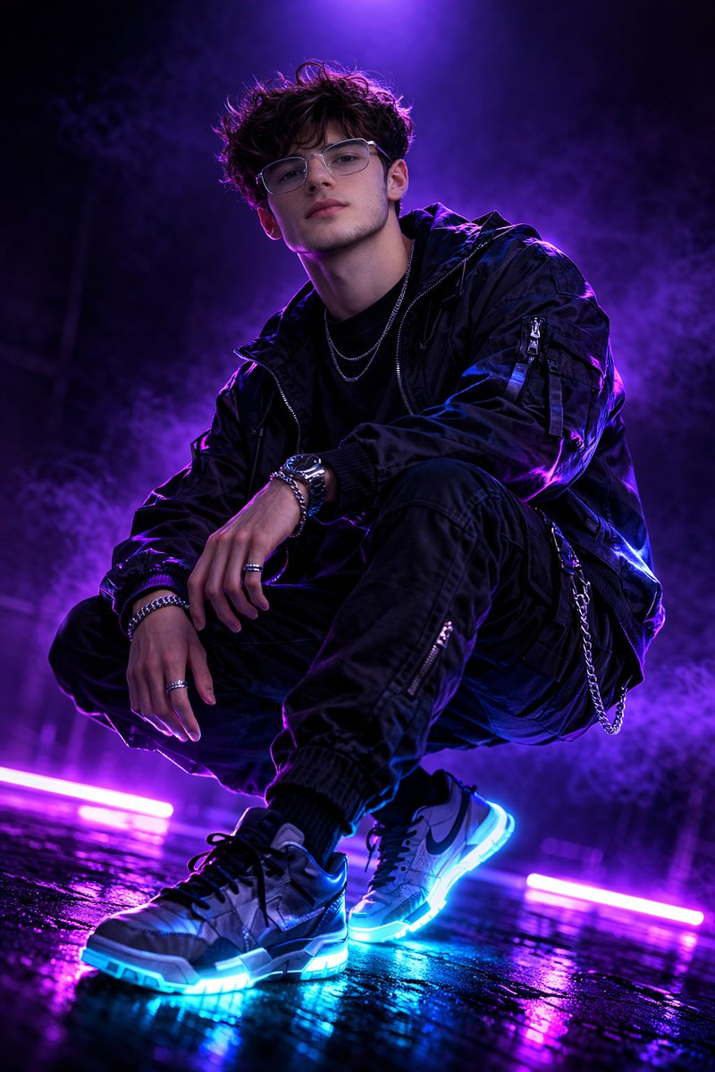 Flux 3 (flux-3.com) prompt example: Neon-violet streetwear editorial