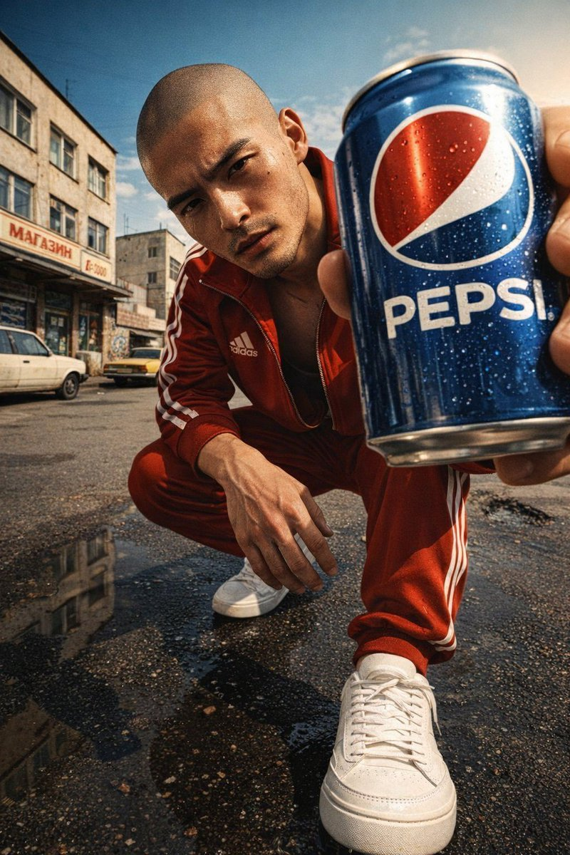 Flux 3 (flux-3.com) prompt example: Low-angle soda fashion editorial