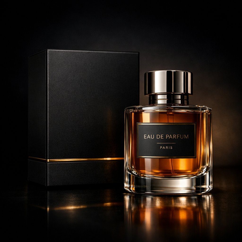 Flux 3 (flux-3.com) prompt example: Amber perfume and presentation box