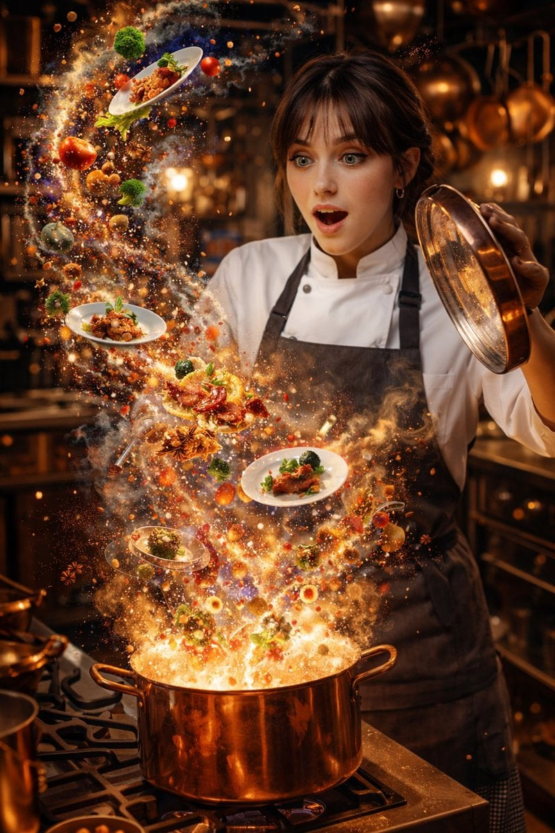 Flux 3 (flux-3.com) prompt example: Chef and magical steaming pot