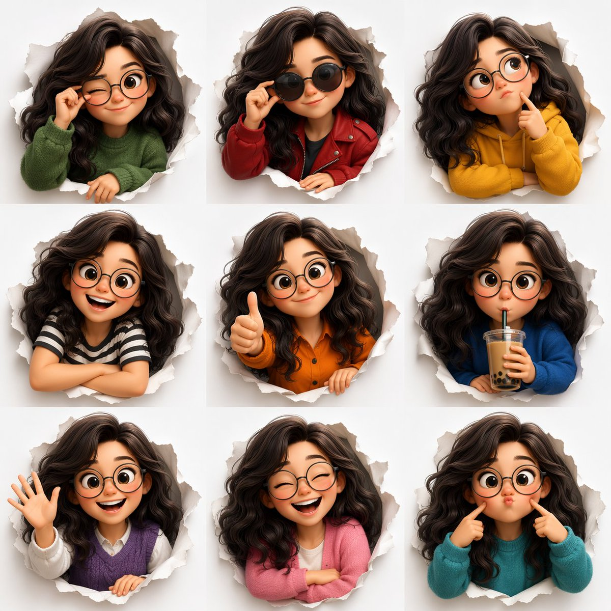 Flux 3 (flux-3.com) prompt example: Nine-expression cartoon avatar sheet