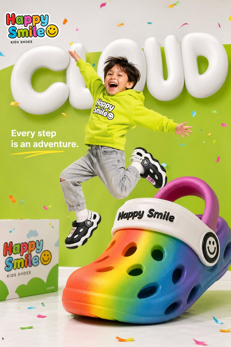 Flux 3 (flux-3.com) prompt example: Colorful children's shoe advertisement