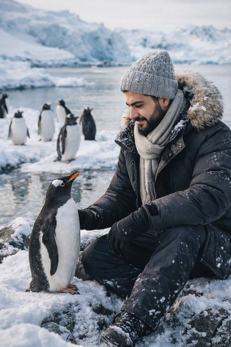 Flux 3 (flux-3.com) prompt example: Winter portrait with penguins