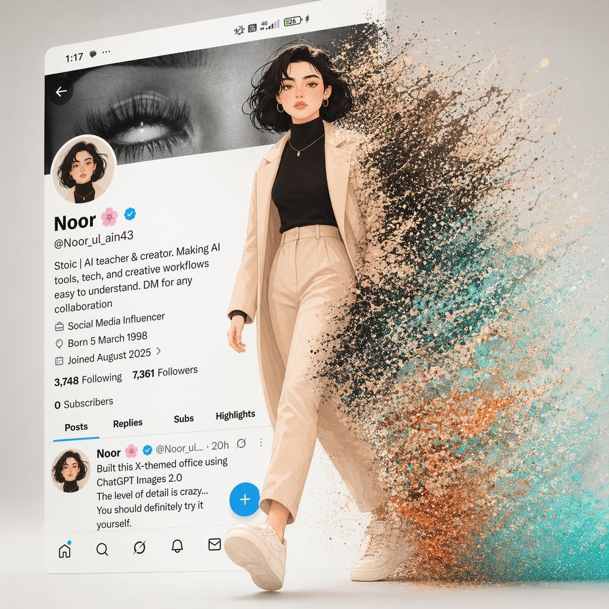 Flux 3 (flux-3.com) prompt example: Character stepping out of a social profile