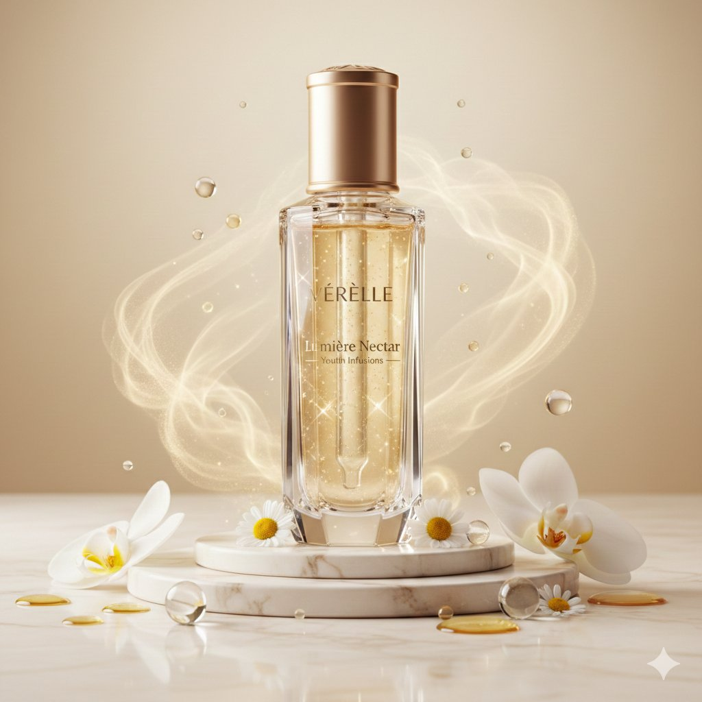 Flux 3 (flux-3.com) prompt example: Faceted skincare elixir campaign
