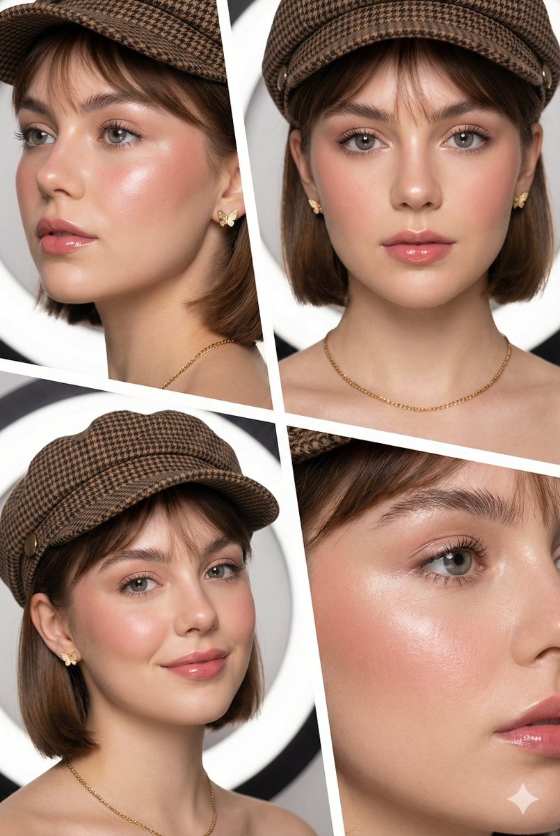 Flux 3 (flux-3.com) prompt example: Four-panel beauty editorial