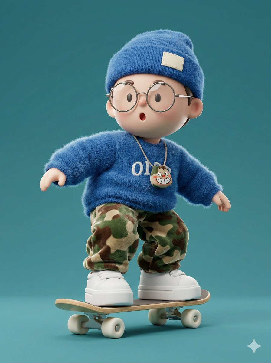 Flux 3 (flux-3.com) prompt example: Fuzzy-sweater skateboard character