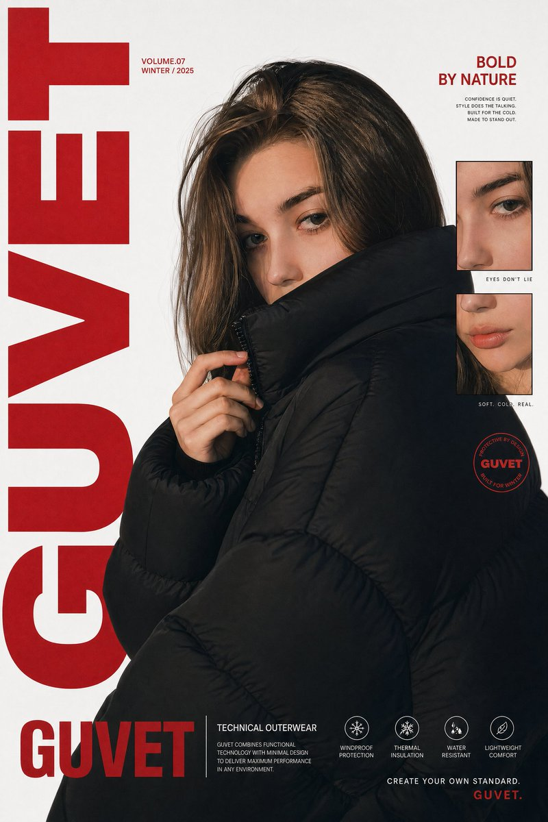 Flux 3 (flux-3.com) prompt example: Black puffer editorial poster