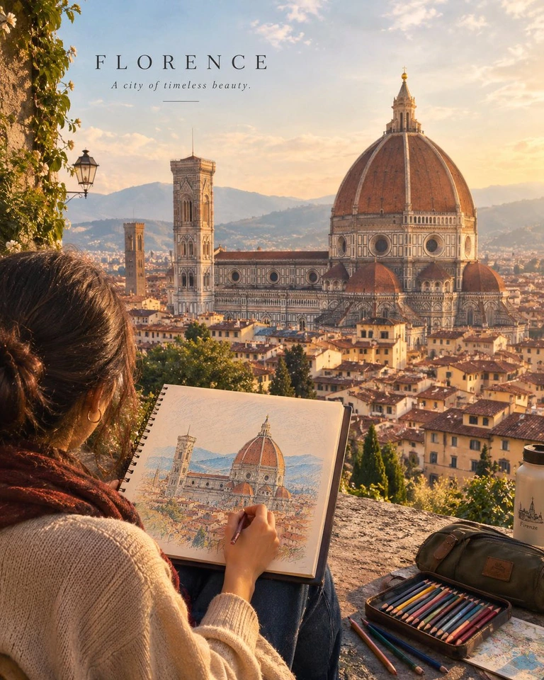 Flux 3 (flux-3.com) prompt example: Cinematic Travel Artist Sketching Landmark