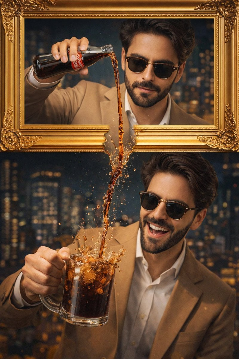 Flux 3 (flux-3.com) prompt example: Surreal framed beverage scene