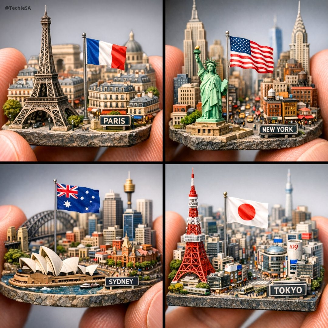 Flux 3 (flux-3.com) prompt example: Tiny city between fingers