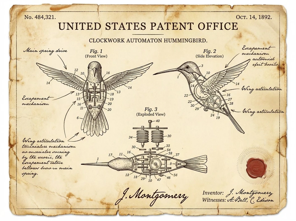 Flux 3 (flux-3.com) prompt example: Vintage Patent Document for an Invention