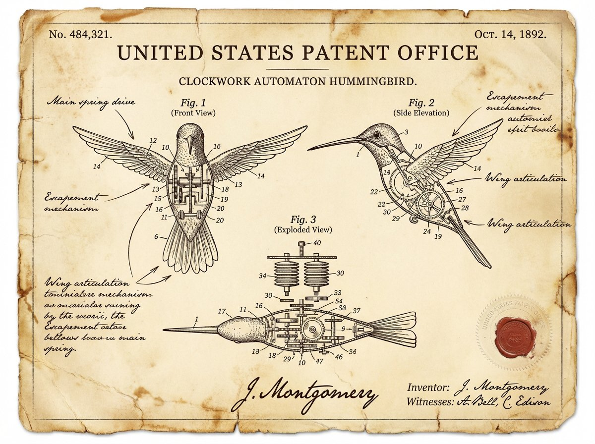 Flux 3 (flux-3.com) prompt example: Vintage Patent Document for an Invention