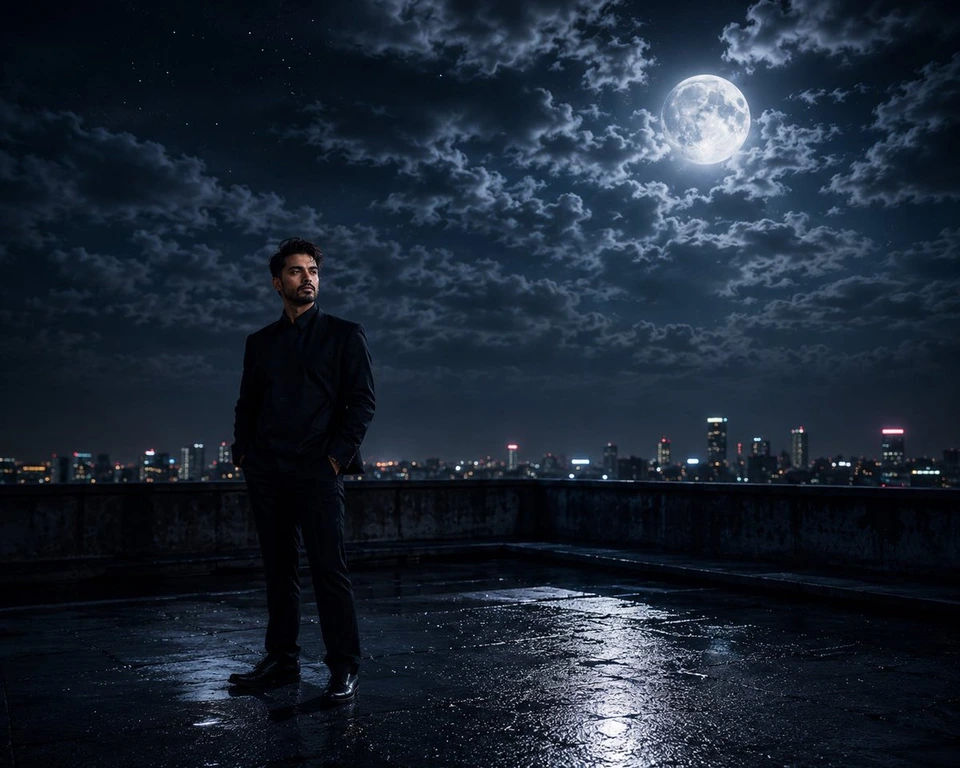 Flux 3 (flux-3.com) prompt example: Cinematic Moonlight Rooftop Portrait Collage