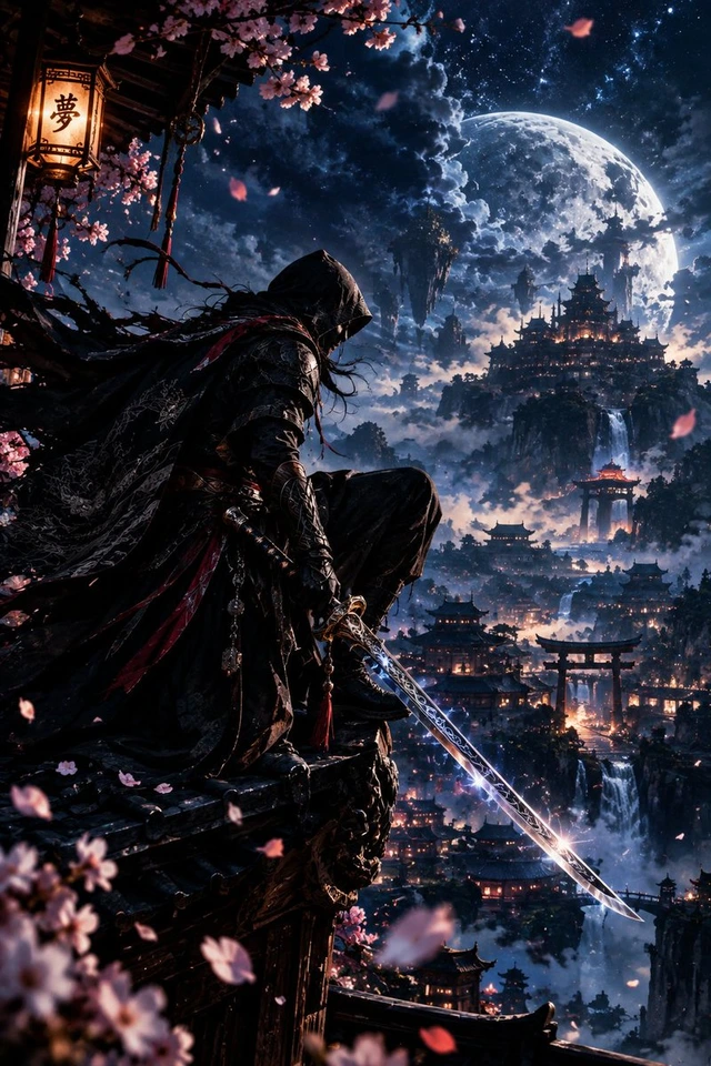 Flux 3 (flux-3.com) prompt example: Hooded Assassin on Temple Rooftop Fantasy Art